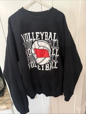 Gildan Black Crewneck Sweatshirt with White Volleyball Graphic and Red Accent